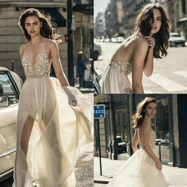 front split beach wedding dresses 2020 liz martinez spaghetti deep plunging v neckline wedding gown applique beads bobridal dress, White
front split beach wedding dresses 2020 liz martinez spaghetti deep plunging v neckline wedding gown applique beads bobridal dress, White