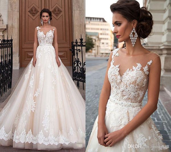 elegant lace wedding dresses sheer jewel neckline appliqued tulle chapel a-line backless bridal gowns with beads sash, White
elegant lace wedding dresses sheer jewel neckline appliqued tulle chapel a-line backless bridal gowns with beads sash, White