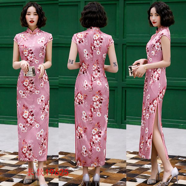 women satin daily casual dress summer new long qipao print flower chinese cheongsam size -4xl, Red
