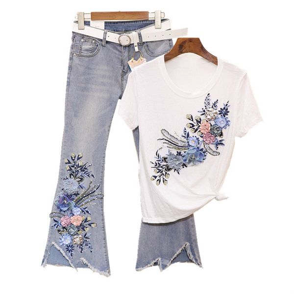 women fashion denim suits two piece set heavy beading sequins 3d embroidery tshirts + flare jeans 2pcs sets summer female sets, White
women fashion denim suits two piece set heavy beading sequins 3d embroidery tshirts + flare jeans 2pcs sets summer female sets, White