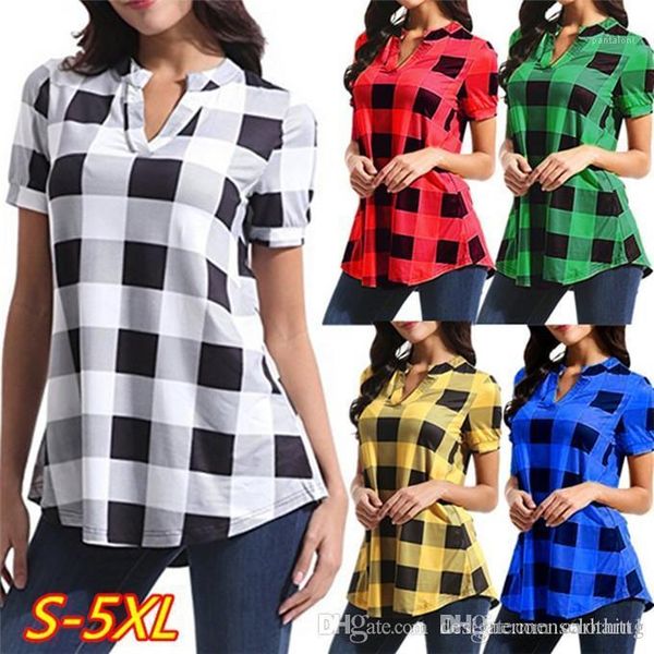 summer loose short sleeve contrast color long plaid printed v neck womens shirts, White
summer loose short sleeve contrast color long plaid printed v neck womens shirts, White