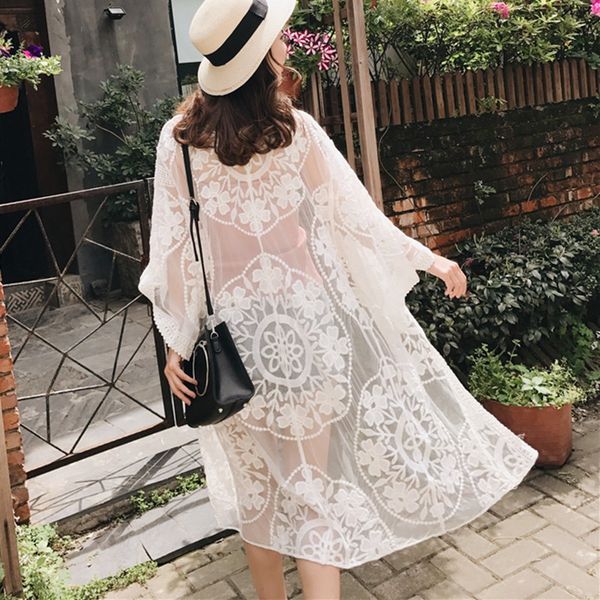 women summer beach sun protection shirt lace embroidered casual long sleeve loose sun protection, White
women summer beach sun protection shirt lace embroidered casual long sleeve loose sun protection, White