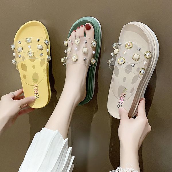shoes women house slippers platform slides jelly flip flops summer woman pantofle fashion med transparent heel soft flat, Black