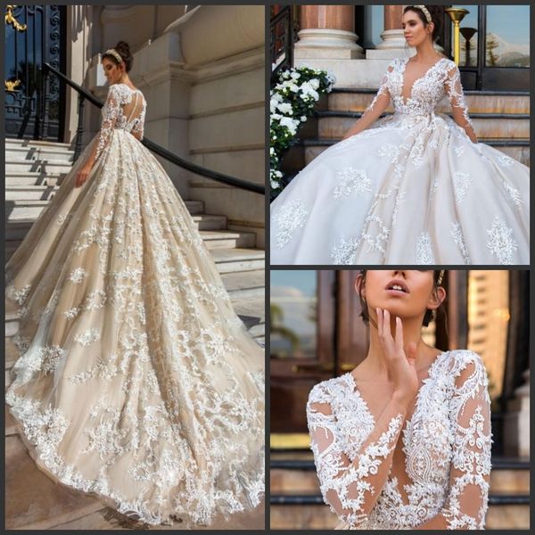2019 new vintage lace wedding dresses with long sleeves appliques a-line deep v-neck sweep train tulle pearls bridal gowns, White
2019 new vintage lace wedding dresses with long sleeves appliques a-line deep v-neck sweep train tulle pearls bridal gowns, White