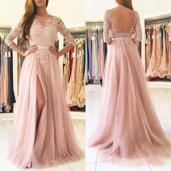 Blush Pink Split Long Bridesmaids Dresses Sheer Neck 3/4 Long Sleeves Appliques Lace Maid of Honor Country Wedding Guest Gowns Cheap
Blush Pink Split Long Bridesmaids Dresses Sheer Neck 3/4 Long Sleeves Appliques Lace Maid of Honor Country Wedding Guest Gowns Cheap