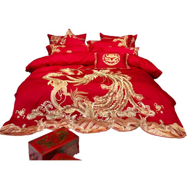 красный вышитые роскошные свадебные постельные принадлежности набор королева / король размер пятно кровать набор 4/6 шт. хлопок кружева подо