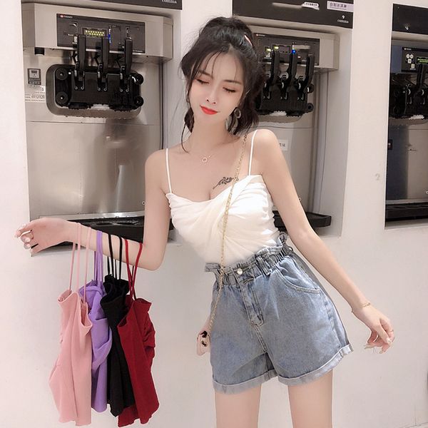 net red suit womens 2020 summer new korean-style knitted camisole slim cross denim shorts, White;black
net red suit womens 2020 summer new korean-style knitted camisole slim cross denim shorts, White;black