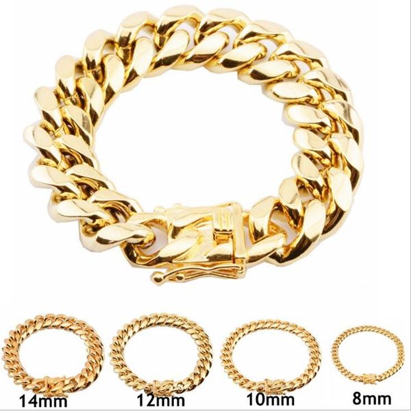 

316l stainless steel bracelets 18k gold plated high polished miami cuba link men punk curb chain bracelet 8mm 10mm 12mm 14mm 16mm 18mm, Black