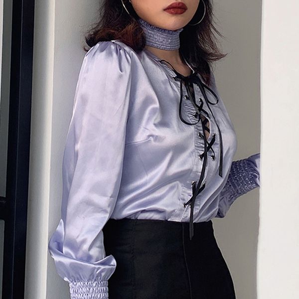2019 autumn office lady eyelet lace up choker turtleneck romantic purple shirt long flare sleeve hollow out slim fitness, White
2019 autumn office lady eyelet lace up choker turtleneck romantic purple shirt long flare sleeve hollow out slim fitness, White