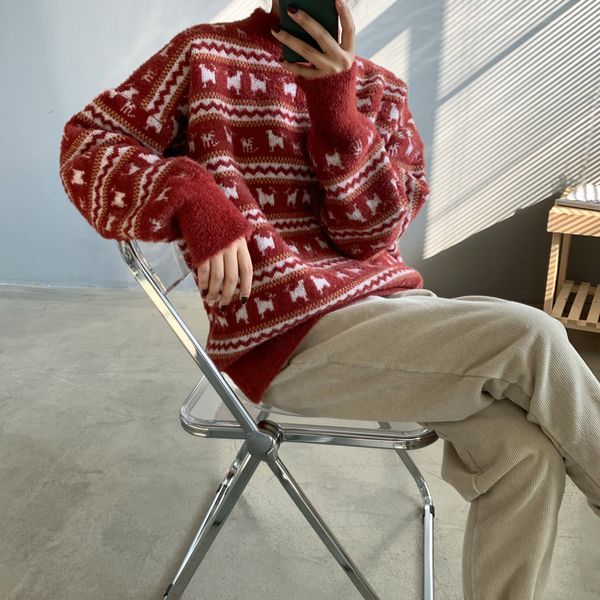 winter red chrismas sweater women long sleeve cosy loose pullover knitwear female vintage pattern warm jumper, White;black
winter red chrismas sweater women long sleeve cosy loose pullover knitwear female vintage pattern warm jumper, White;black