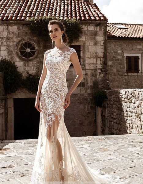 vintage champagne lace mermaid wedding dresses sheer neck cap sleeve tulle applique a-line court train wedding gown with over skirt, White
vintage champagne lace mermaid wedding dresses sheer neck cap sleeve tulle applique a-line court train wedding gown with over skirt, White