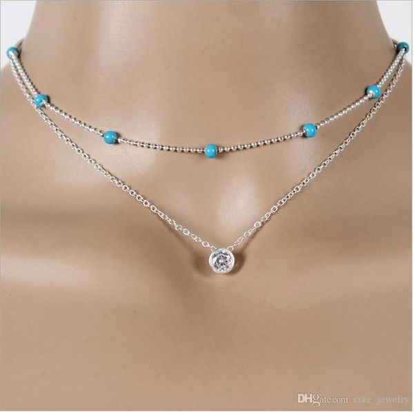 two layer fashion necklace blue bead choker chain with o chain through circle zircon silver and gold plated, Golden;silver
two layer fashion necklace blue bead choker chain with o chain through circle zircon silver and gold plated, Golden;silver