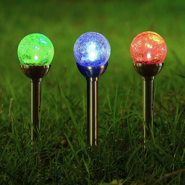 Solar Pathway Lights Crackle Glass Globe Solar Lights Outdoor Color Changing Stainless Steel Solar Garden Lights