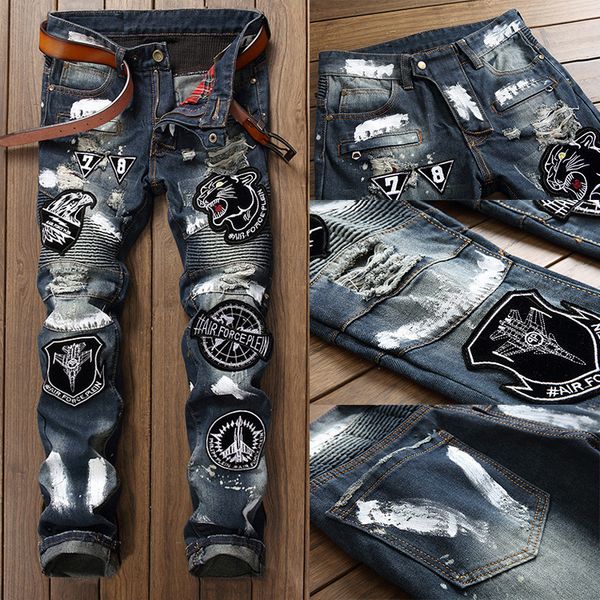 mens designer hip-hop hole pants badge slim motorcycle jeans, Blue