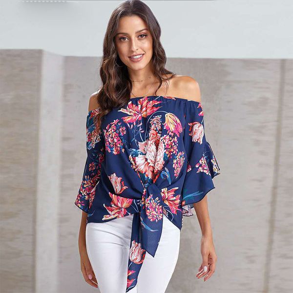 women strapless floral print tshirts off the shoulder 3/4 sleeves tie knotted casual pullover blue tee shirts, White
women strapless floral print tshirts off the shoulder 3/4 sleeves tie knotted casual pullover blue tee shirts, White