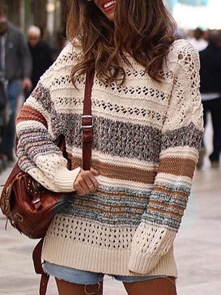 women autumn winter loose o-neck striped sweater casual hollow out pullover elegant lantern sleeve knitted top, White;black
women autumn winter loose o-neck striped sweater casual hollow out pullover elegant lantern sleeve knitted top, White;black
