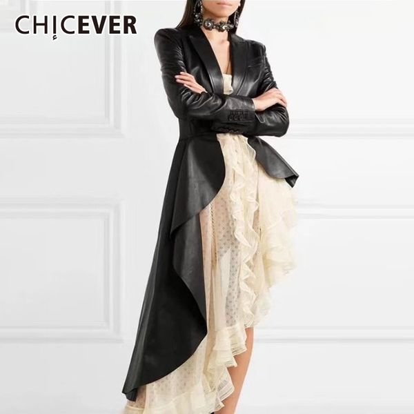 

chicever korean pu leather women trench coat clothes lapel long sleeve autumn loose hem irregular windbreaker female fashion new, Tan;black