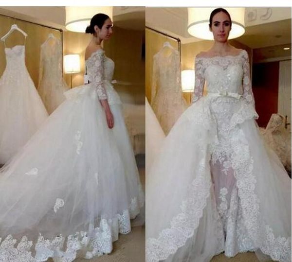 luxury detachable train wedding dresses bridal gowns mermaid off the shoulder 3/4 sleeves lace applique bows beading wedding gowns cheap, White
luxury detachable train wedding dresses bridal gowns mermaid off the shoulder 3/4 sleeves lace applique bows beading wedding gowns cheap, White