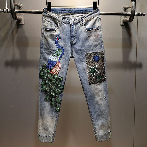 female trousers 2020 new spring summer embroidery peacock ultra long denim pants high waist casual women pencil jeans students, Blue
female trousers 2020 new spring summer embroidery peacock ultra long denim pants high waist casual women pencil jeans students, Blue
