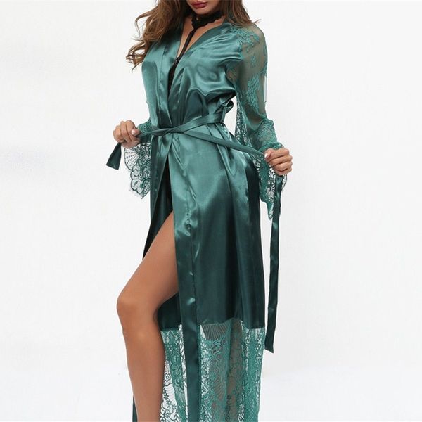 2020 fashion ladies belt thin long sleeve long robes spring red/white/green/black sleepwear, Black;red
2020 fashion ladies belt thin long sleeve long robes spring red/white/green/black sleepwear, Black;red