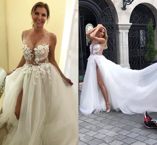 pearls high slit wedding dresses v neck see through long train tulle wedding reception guest dress bridal gowns cheap, White
pearls high slit wedding dresses v neck see through long train tulle wedding reception guest dress bridal gowns cheap, White