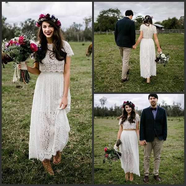 2019 new romantic lace two pieces boho wedding dresses modest with short sleeves vestidos de noiva vintage tea length bridal gowns, White
2019 new romantic lace two pieces boho wedding dresses modest with short sleeves vestidos de noiva vintage tea length bridal gowns, White