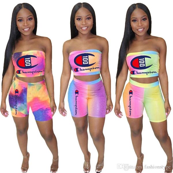 women designer two piece set rainbow tie-dye champion strapless crop tube + biker shorts brand outfit bodycon sportswear jog suit, White 
women designer two piece set rainbow tie-dye champion strapless crop tube + biker shorts brand outfit bodycon sportswear jog suit, White