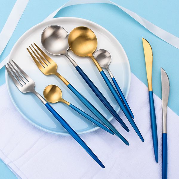 restaurant knife and fork spoon cutlery stainless steel 304 silver gold silverware flatware with blue handle
restaurant knife and fork spoon cutlery stainless steel 304 silver gold silverware flatware with blue handle