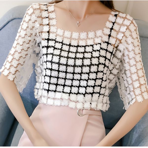 chiffon shirt sling and two-piece set lace hollow mesh temperament pullover three-dimensional flowers blouse 820f, White
chiffon shirt sling and two-piece set lace hollow mesh temperament pullover three-dimensional flowers blouse 820f, White