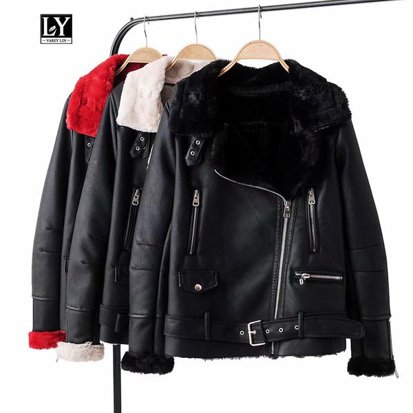ly varey lin new winter faux leather jacket women pu motorcycle turndown collar faux leather lambs wool fur warm thick outerwear, Black 
ly varey lin new winter faux leather jacket women pu motorcycle turndown collar faux leather lambs wool fur warm thick outerwear, Black