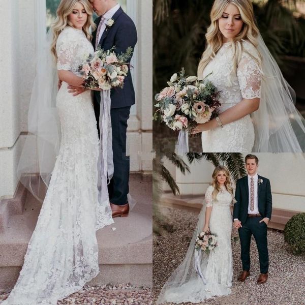 modest design 2019 full lace wedding dresses high neck half sleeves sweep train mermaid vestido de noiva bridal gowns custom size, White
modest design 2019 full lace wedding dresses high neck half sleeves sweep train mermaid vestido de noiva bridal gowns custom size, White