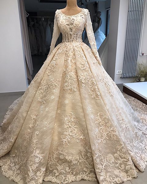 champagne long sleeve ball gown wedding dresses arabic floral appliques bridal gown sweep train robe de mariee, White
champagne long sleeve ball gown wedding dresses arabic floral appliques bridal gown sweep train robe de mariee, White