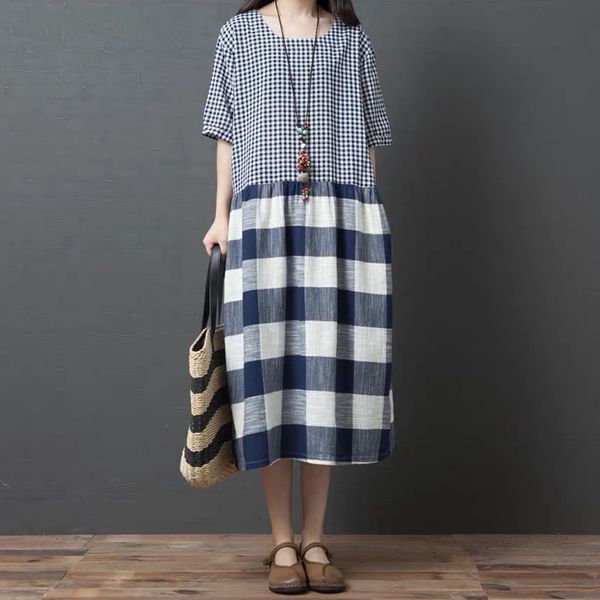 party dresses summer short-sleeved cotton and linen art large size stitching lattice round neck loose comfortable dress, White;black
party dresses summer short-sleeved cotton and linen art large size stitching lattice round neck loose comfortable dress, White;black