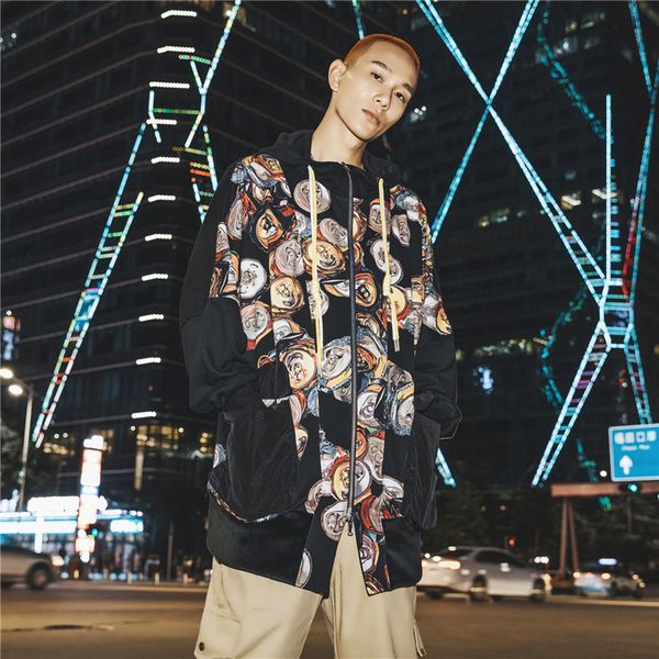 splice windbreaker casual drink bottle pattern hooded 2019 new men, Tan;black