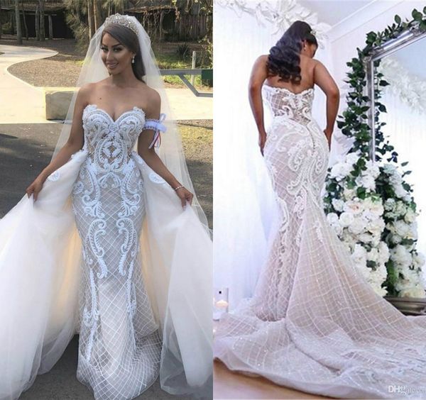 arabic overskirt wedding dresses sweetheart lace appliqued sweep train country bride gowns with detachable train custom beach wedding dress, White