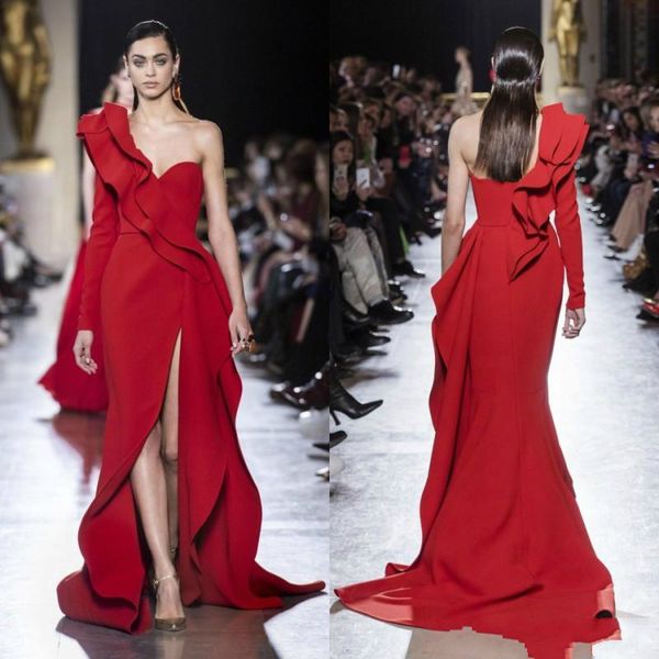 elie saab 2019 red long evening dresses one shoulder long sleeve satin ruffle side split prom gowns plus size caftan pageant party dress, Black;red
elie saab 2019 red long evening dresses one shoulder long sleeve satin ruffle side split prom gowns plus size caftan pageant party dress, Black;red