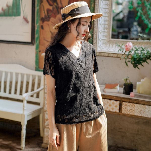 deer and andi artistic short-sleeved v-neck women's solid color lace hollowed-out women's t-shirt t-shirt, White
deer and andi artistic short-sleeved v-neck women's solid color lace hollowed-out women's t-shirt t-shirt, White