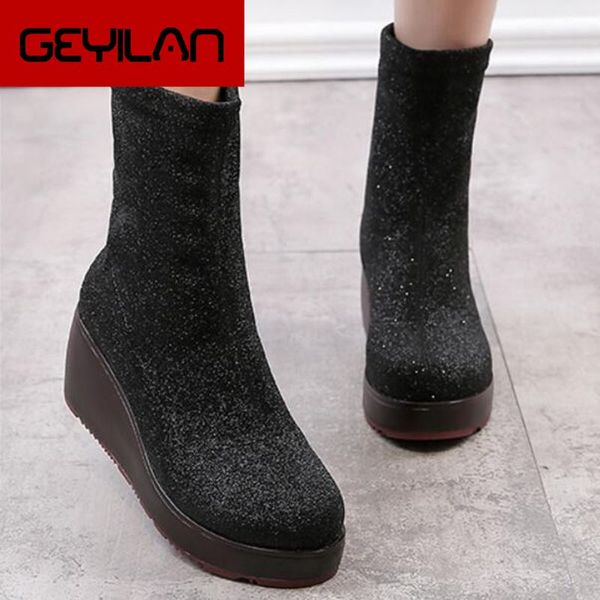 women flcok boots wedges slip on middle tube boots casual shoes winter ankle para mulheres sem sa, Black
women flcok boots wedges slip on middle tube boots casual shoes winter ankle para mulheres sem sa, Black