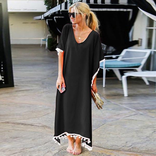 women summer dress ladies fashion beach solid pom pom trim loose long swimwear cover up cardigan tassel dress plus size m140#, Black;gray
women summer dress ladies fashion beach solid pom pom trim loose long swimwear cover up cardigan tassel dress plus size m140#, Black;gray