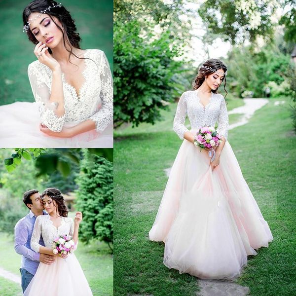 modest light pink wedding dresses a line v neck 3/4 long sleeves lace country bridal gowns tulle a line party dress, White
modest light pink wedding dresses a line v neck 3/4 long sleeves lace country bridal gowns tulle a line party dress, White