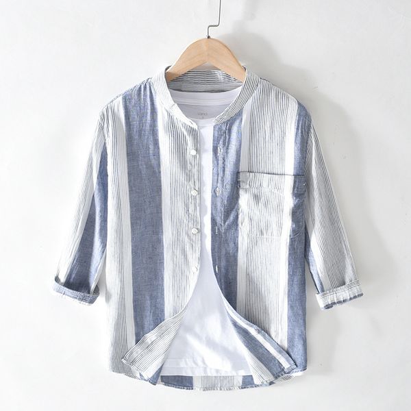 2020 men summer fresh linen shirt teenager three-quarter-length sleeve loose-fit stripes stand collar shirt, White;black
2020 men summer fresh linen shirt teenager three-quarter-length sleeve loose-fit stripes stand collar shirt, White;black