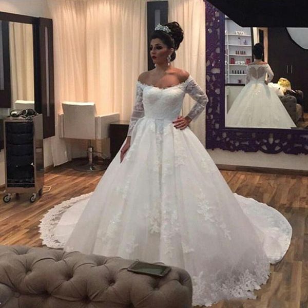 arabic off shoulder long sleeves princess lace wedding dresses with appliques sweep train tulle a line wedding bridal gowns 157, White
arabic off shoulder long sleeves princess lace wedding dresses with appliques sweep train tulle a line wedding bridal gowns 157, White