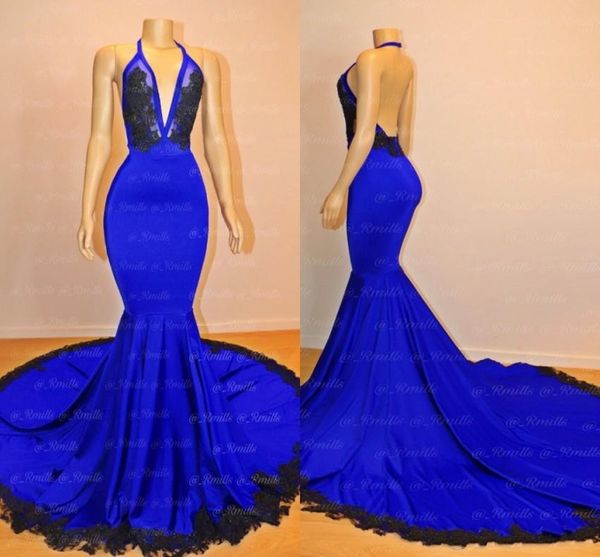 2019 new royal blue mermaid formal prom dresses halter neck lace appliques illusion open back pageant dress sweep train evening dress, Black
2019 new royal blue mermaid formal prom dresses halter neck lace appliques illusion open back pageant dress sweep train evening dress, Black