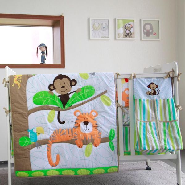 8pcs Baby Bedding Set For Boys Green Jungle Monkey -comforter, Crib Sheet, Crib Skirt,bumpers And Nappy Stacker 2020 New Design