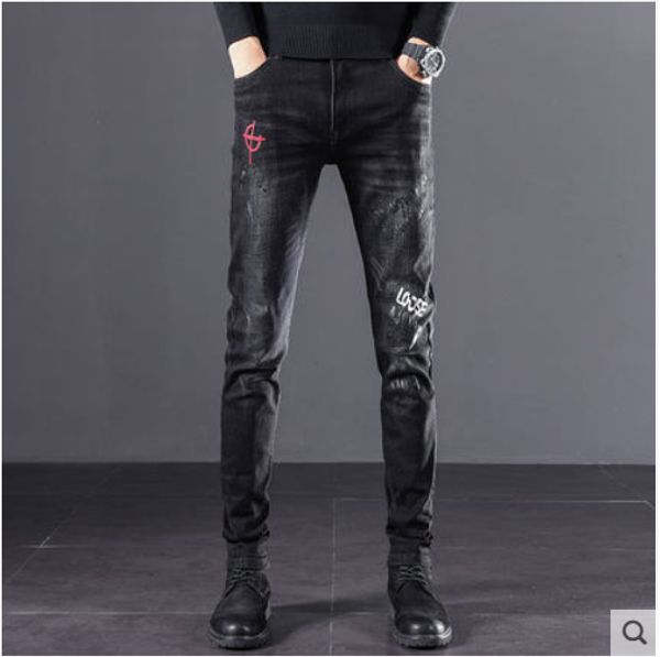 black men's black feet embroidery jeans cultivate one's morality leisure trousers of popular logo, Blue
black men's black feet embroidery jeans cultivate one's morality leisure trousers of popular logo, Blue