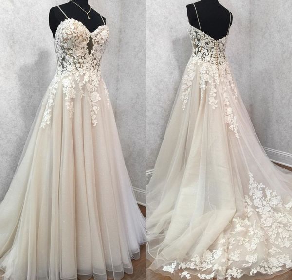 bohemian a line luxury wedding dresses tulle lace applique beads formal dress spaghetti button sweep train bridal gowns, White
bohemian a line luxury wedding dresses tulle lace applique beads formal dress spaghetti button sweep train bridal gowns, White