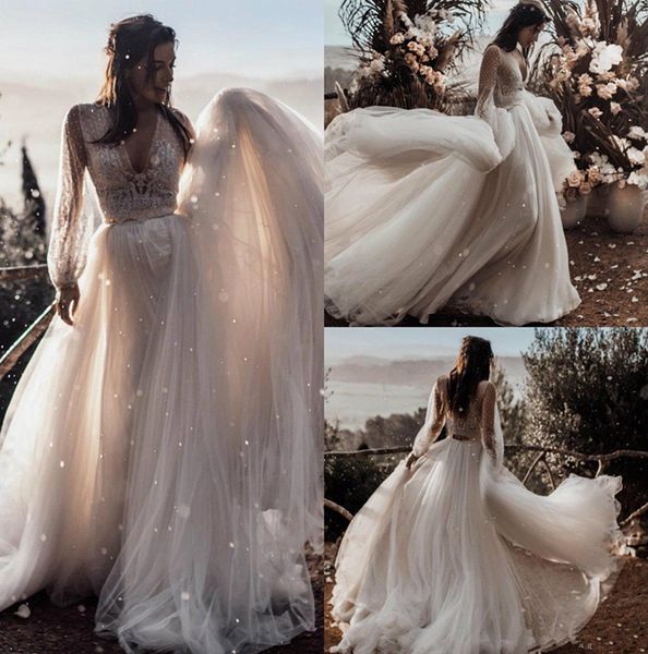 lace two pieces 2020 summer beach wedding dresses deep v-neck long sleeves boho bridal dresses wedding gowns, White
lace two pieces 2020 summer beach wedding dresses deep v-neck long sleeves boho bridal dresses wedding gowns, White