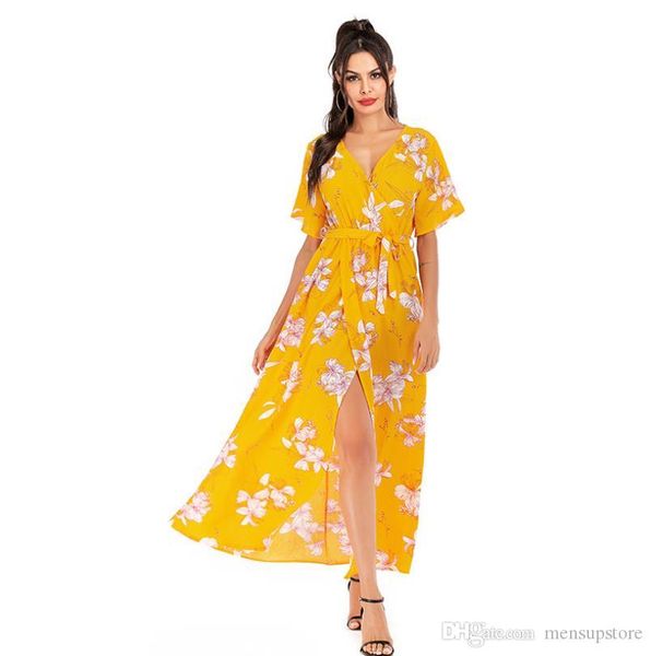 women floral chiffon dress fashion trend summer short sleeved v-neck split up long boho maxi dresses, Black;gray
women floral chiffon dress fashion trend summer short sleeved v-neck split up long boho maxi dresses, Black;gray