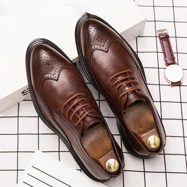 2019 new men's dress shoes men's classic retro lace men's brogues men dress shoes leather, Black