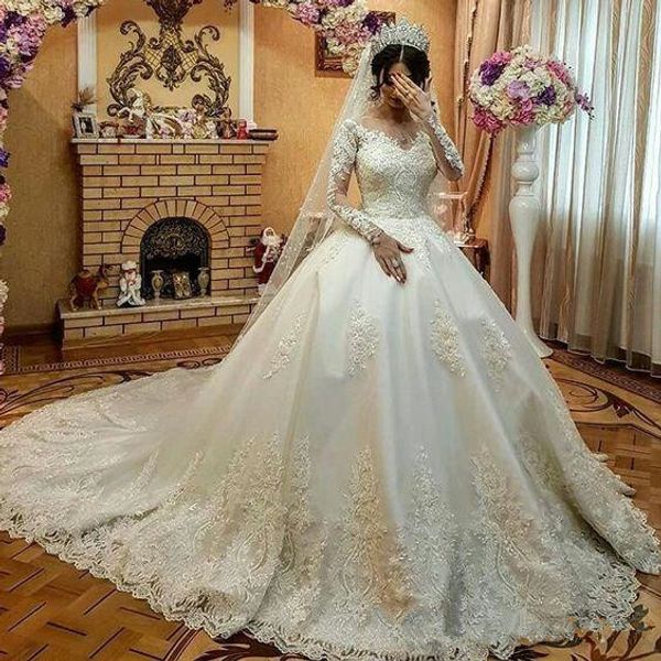 ball gown wedding dresses with long sleeve 2019 sheer jewel neck full lace applique muslim arabic kaftan princess church train wedding gown, White
ball gown wedding dresses with long sleeve 2019 sheer jewel neck full lace applique muslim arabic kaftan princess church train wedding gown, White